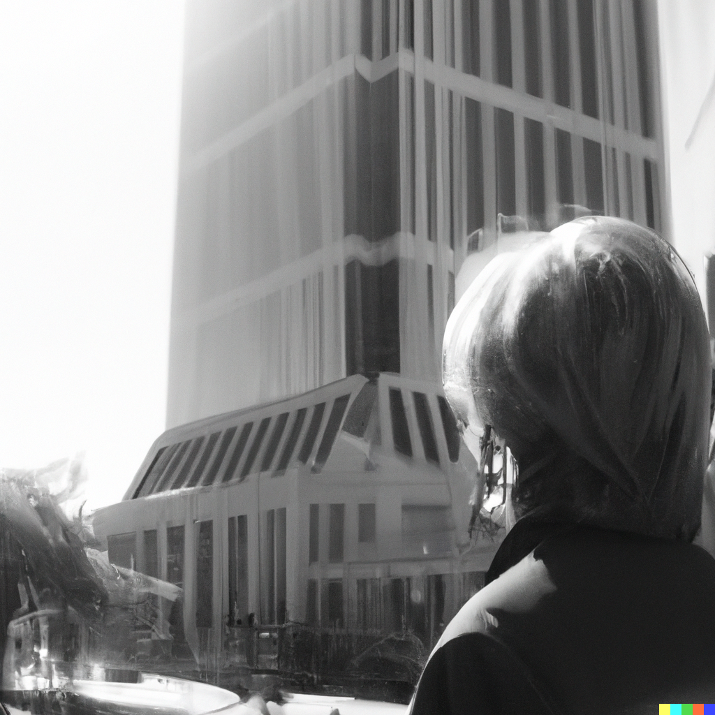 Madeline Gabriel looking at one of her famous buildings