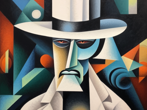 The artwork created for the album cover of A Day in the Death features the White Hat Killer in a cubist nightmare.