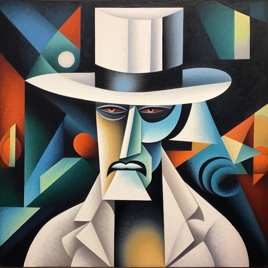 The artwork created for the album cover of A Day in the Death features the White Hat Killer in a cubist nightmare.