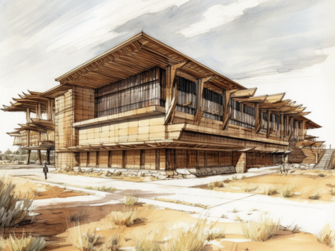 An architectural drawing of the Cascadian Long House.