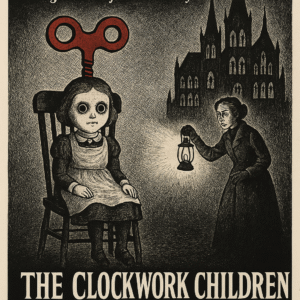 A vintage illustrated movie poster for the 1954 animated Gothic thriller “The Clockwork Children.” The poster, in black, white, and red, depicts a pale young girl sitting stiffly in a wooden chair with a giant red wind-up key protruding from her back. Her blank eyes stare forward. A governess holding a lantern shines light on the child, while behind them looms a shadowy Gothic cathedral. The tagline reads, “Do you know if your children are truly your own?” The title appears in bold serif letters at the bottom, with credits to Alfred Hitchcock, Edward Gorey, and Bernard Herrmann, and a warning: “Not recommended for the young or the faint of heart.”