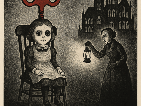 A vintage illustrated movie poster for the 1954 animated Gothic thriller “The Clockwork Children.” The poster, in black, white, and red, depicts a pale young girl sitting stiffly in a wooden chair with a giant red wind-up key protruding from her back. Her blank eyes stare forward. A governess holding a lantern shines light on the child, while behind them looms a shadowy Gothic cathedral. The tagline reads, “Do you know if your children are truly your own?” The title appears in bold serif letters at the bottom, with credits to Alfred Hitchcock, Edward Gorey, and Bernard Herrmann, and a warning: “Not recommended for the young or the faint of heart.”