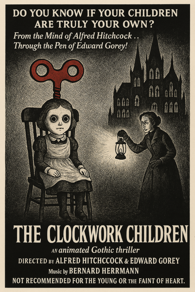A vintage illustrated movie poster for the 1954 animated Gothic thriller “The Clockwork Children.” The poster, in black, white, and red, depicts a pale young girl sitting stiffly in a wooden chair with a giant red wind-up key protruding from her back. Her blank eyes stare forward. A governess holding a lantern shines light on the child, while behind them looms a shadowy Gothic cathedral. The tagline reads, “Do you know if your children are truly your own?” The title appears in bold serif letters at the bottom, with credits to Alfred Hitchcock, Edward Gorey, and Bernard Herrmann, and a warning: “Not recommended for the young or the faint of heart.”