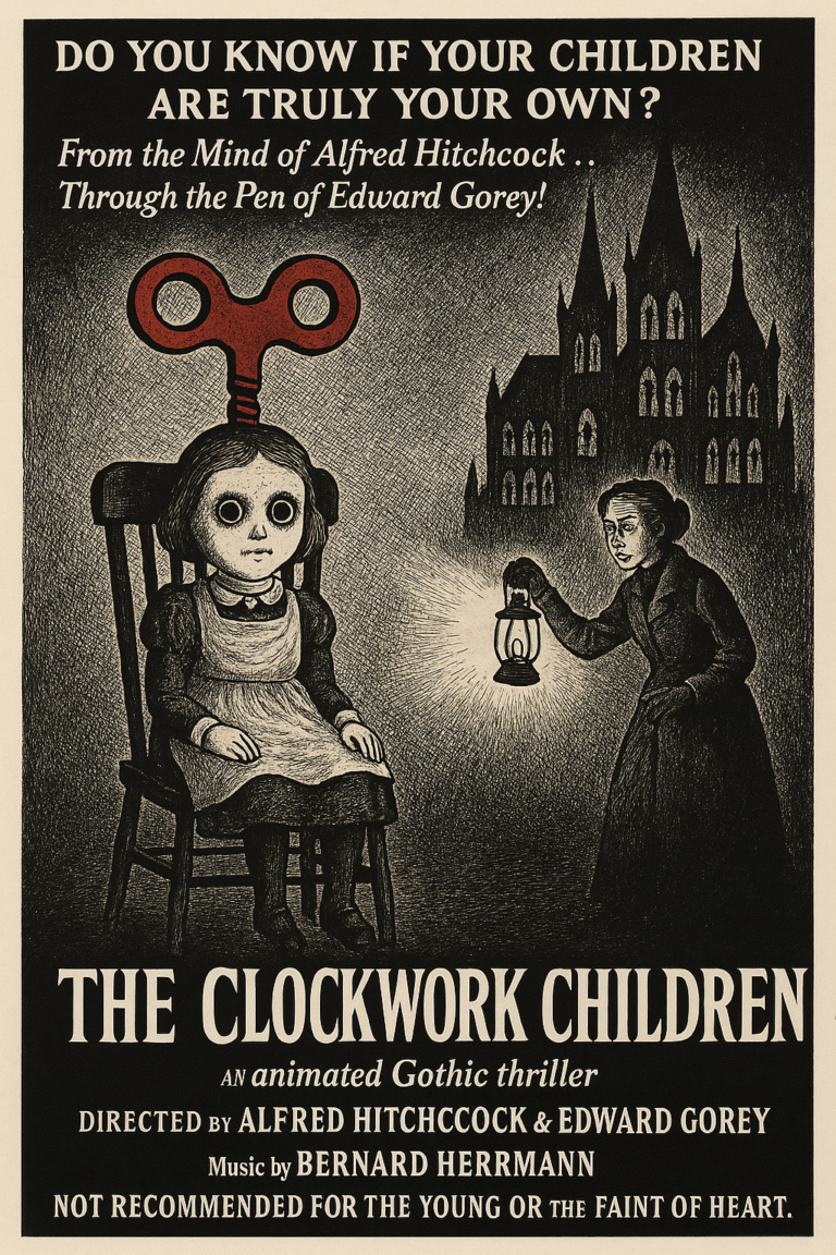 A vintage illustrated movie poster for the 1954 animated Gothic thriller “The Clockwork Children.” The poster, in black, white, and red, depicts a pale young girl sitting stiffly in a wooden chair with a giant red wind-up key protruding from her back. Her blank eyes stare forward. A governess holding a lantern shines light on the child, while behind them looms a shadowy Gothic cathedral. The tagline reads, “Do you know if your children are truly your own?” The title appears in bold serif letters at the bottom, with credits to Alfred Hitchcock, Edward Gorey, and Bernard Herrmann, and a warning: “Not recommended for the young or the faint of heart.”