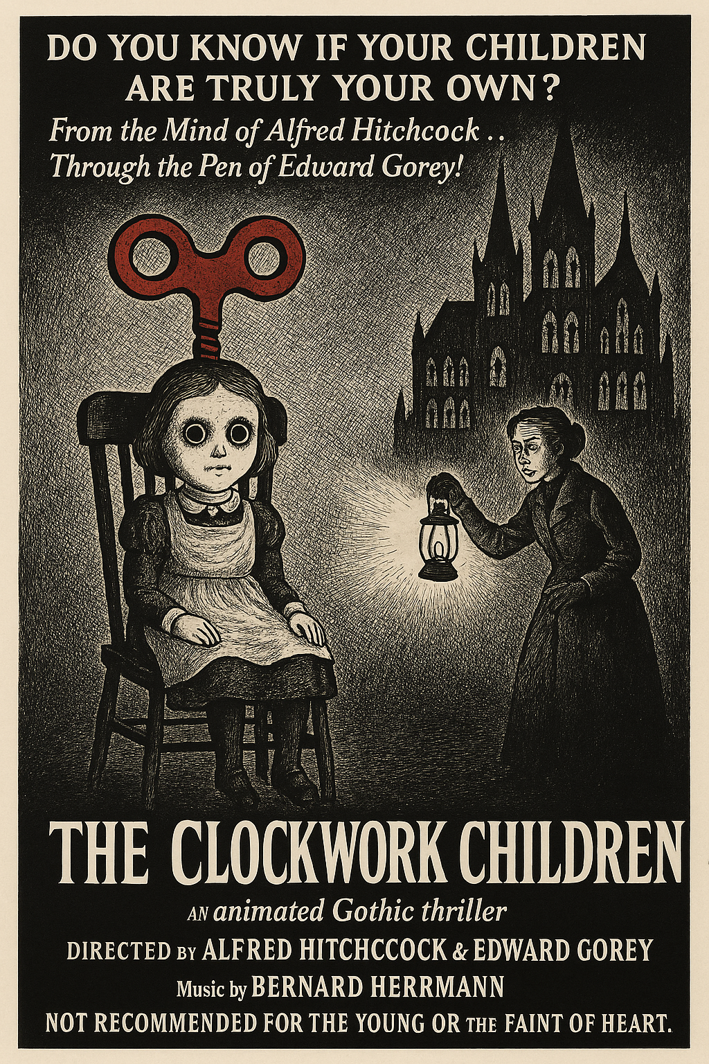 A vintage illustrated movie poster for the 1954 animated Gothic thriller “The Clockwork Children.” The poster, in black, white, and red, depicts a pale young girl sitting stiffly in a wooden chair with a giant red wind-up key protruding from her back. Her blank eyes stare forward. A governess holding a lantern shines light on the child, while behind them looms a shadowy Gothic cathedral. The tagline reads, “Do you know if your children are truly your own?” The title appears in bold serif letters at the bottom, with credits to Alfred Hitchcock, Edward Gorey, and Bernard Herrmann, and a warning: “Not recommended for the young or the faint of heart.”