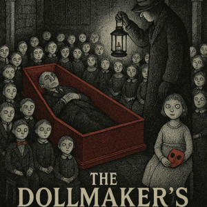 A vintage illustrated movie poster for “The Dollmaker’s Funeral,” drawn in Edward Gorey’s cross-hatched Gothic style with a palette of black, white, and blood red. At the center, a coffin holds the body of Ernst Vogel, the dollmaker, surrounded by rows of eerie, wide-eyed dolls seated stiffly in the decaying manor. A mourner in a dark coat and hat holds a lantern, casting an ominous glow. In the foreground, a small doll-like girl clutches a red mask, staring directly at the viewer. The tagline across the top reads: “WILL YOU RECOGNIZE YOURSELF AMONG THE DOLLS?” At the bottom, the title and credits appear in bold type: “The Dollmaker’s Funeral – An Animated Gothic Thriller – Alfred Hitchcock & Edward Gorey – Music by Bernard Herrmann – Not Recommended for the Young or the Faint of Heart.”