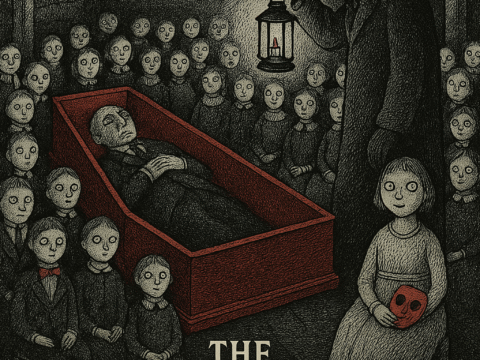 The Dollmaker’s Funeral A vintage illustrated movie poster for “The Dollmaker’s Funeral,” drawn in Edward Gorey’s cross-hatched Gothic style with a palette of black, white, and blood red. At the center, a coffin holds the body of Ernst Vogel, the dollmaker, surrounded by rows of eerie, wide-eyed dolls seated stiffly in the decaying manor. A mourner in a dark coat and hat holds a lantern, casting an ominous glow. In the foreground, a small doll-like girl clutches a red mask, staring directly at the viewer. The tagline across the top reads: “WILL YOU RECOGNIZE YOURSELF AMONG THE DOLLS?” At the bottom, the title and credits appear in bold type: “The Dollmaker’s Funeral – An Animated Gothic Thriller – Alfred Hitchcock & Edward Gorey – Music by Bernard Herrmann – Not Recommended for the Young or the Faint of Heart.”