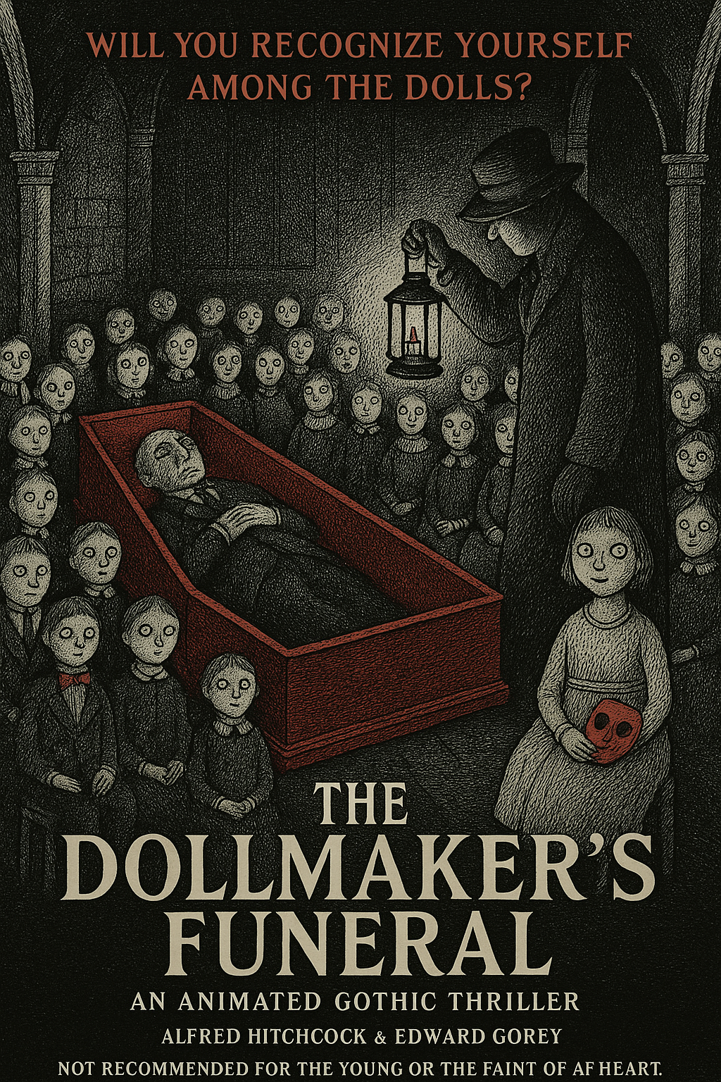 A vintage illustrated movie poster for “The Dollmaker’s Funeral,” drawn in Edward Gorey’s cross-hatched Gothic style with a palette of black, white, and blood red. At the center, a coffin holds the body of Ernst Vogel, the dollmaker, surrounded by rows of eerie, wide-eyed dolls seated stiffly in the decaying manor. A mourner in a dark coat and hat holds a lantern, casting an ominous glow. In the foreground, a small doll-like girl clutches a red mask, staring directly at the viewer. The tagline across the top reads: “WILL YOU RECOGNIZE YOURSELF AMONG THE DOLLS?” At the bottom, the title and credits appear in bold type: “The Dollmaker’s Funeral – An Animated Gothic Thriller – Alfred Hitchcock & Edward Gorey – Music by Bernard Herrmann – Not Recommended for the Young or the Faint of Heart.”
