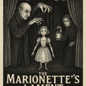 A vintage illustrated movie poster for “The Marionette’s Lament,” in Edward Gorey’s Gothic cross-hatched style with black, white, and red accents. At the center, a wide-eyed marionette girl dangles from strings, her limbs jointed like a doll’s. To the left, a sinister puppeteer looms, pulling the strings with claw-like hands. To the right, a frightened woman peers from behind a curtain, holding a lantern that casts an eerie glow. Heavy red text at the top asks: “DO YOU TRUST WHO PULLS THE STRINGS?” At the bottom, the title reads: “The Marionette’s Lament – An Animated Gothic Thriller – Directed by Alfred Hitchcock & Edward Gorey – Music by Bernard Herrmann – Not Recommended for the Young or the Faint of Heart.”