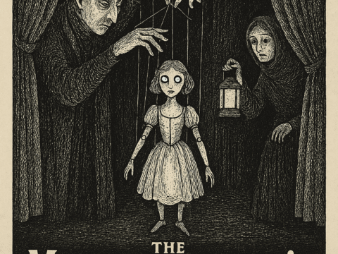 The Marionette’s Lament A vintage illustrated movie poster for “The Marionette’s Lament,” in Edward Gorey’s Gothic cross-hatched style with black, white, and red accents. At the center, a wide-eyed marionette girl dangles from strings, her limbs jointed like a doll’s. To the left, a sinister puppeteer looms, pulling the strings with claw-like hands. To the right, a frightened woman peers from behind a curtain, holding a lantern that casts an eerie glow. Heavy red text at the top asks: “DO YOU TRUST WHO PULLS THE STRINGS?” At the bottom, the title reads: “The Marionette’s Lament – An Animated Gothic Thriller – Directed by Alfred Hitchcock & Edward Gorey – Music by Bernard Herrmann – Not Recommended for the Young or the Faint of Heart.”