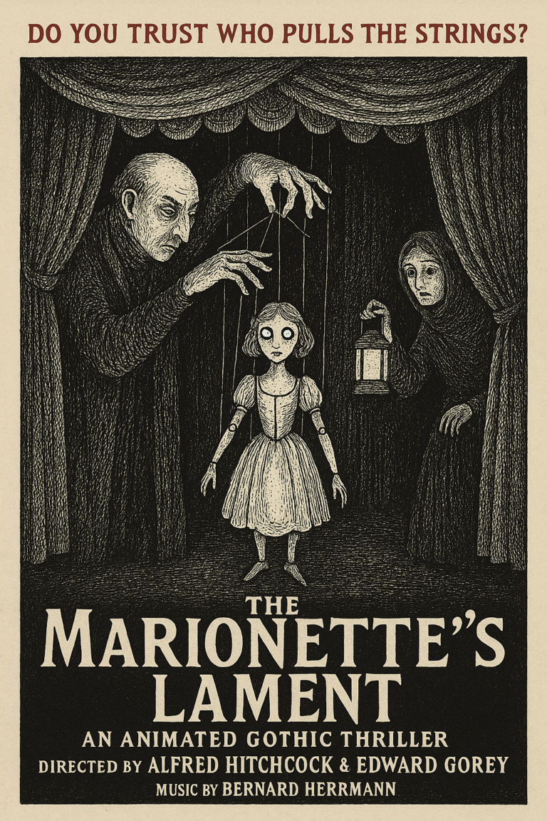 A vintage illustrated movie poster for “The Marionette’s Lament,” in Edward Gorey’s Gothic cross-hatched style with black, white, and red accents. At the center, a wide-eyed marionette girl dangles from strings, her limbs jointed like a doll’s. To the left, a sinister puppeteer looms, pulling the strings with claw-like hands. To the right, a frightened woman peers from behind a curtain, holding a lantern that casts an eerie glow. Heavy red text at the top asks: “DO YOU TRUST WHO PULLS THE STRINGS?” At the bottom, the title reads: “The Marionette’s Lament – An Animated Gothic Thriller – Directed by Alfred Hitchcock & Edward Gorey – Music by Bernard Herrmann – Not Recommended for the Young or the Faint of Heart.”