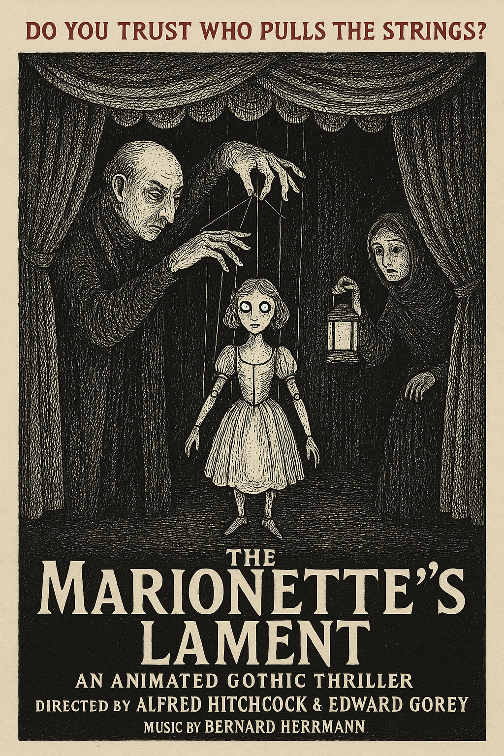 A vintage illustrated movie poster for “The Marionette’s Lament,” in Edward Gorey’s Gothic cross-hatched style with black, white, and red accents. At the center, a wide-eyed marionette girl dangles from strings, her limbs jointed like a doll’s. To the left, a sinister puppeteer looms, pulling the strings with claw-like hands. To the right, a frightened woman peers from behind a curtain, holding a lantern that casts an eerie glow. Heavy red text at the top asks: “DO YOU TRUST WHO PULLS THE STRINGS?” At the bottom, the title reads: “The Marionette’s Lament – An Animated Gothic Thriller – Directed by Alfred Hitchcock & Edward Gorey – Music by Bernard Herrmann – Not Recommended for the Young or the Faint of Heart.”