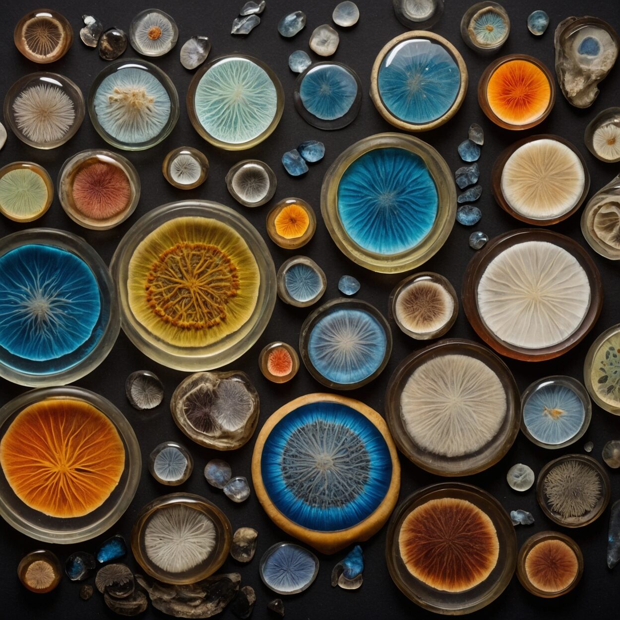 Collage of microscope slides with bacteria, fungi, plant cells, and macro photos of animal and human communities.