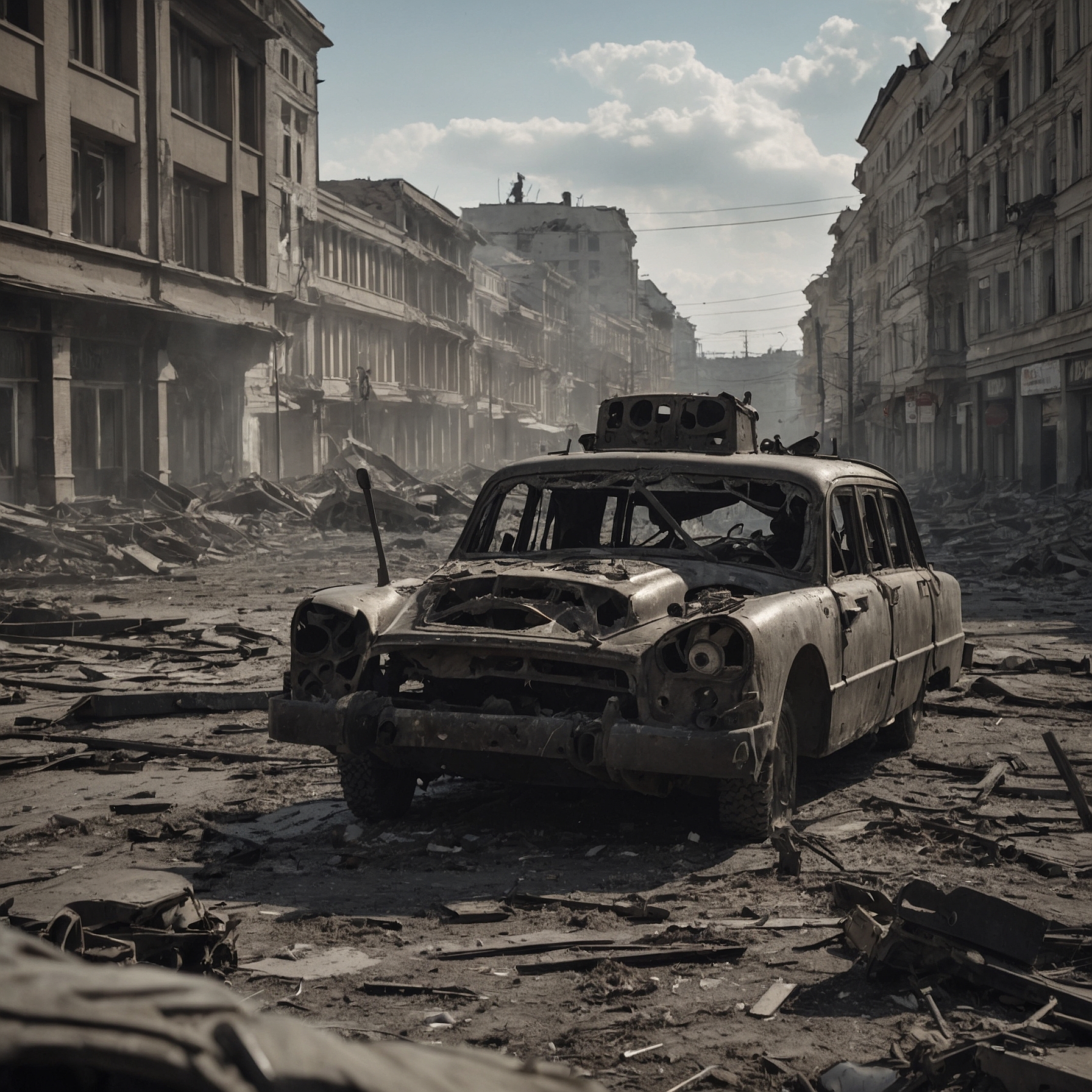 Battle-damaged Kharkiv street with destroyed buildings, toppled streetcars, and soldiers aiding wounded.