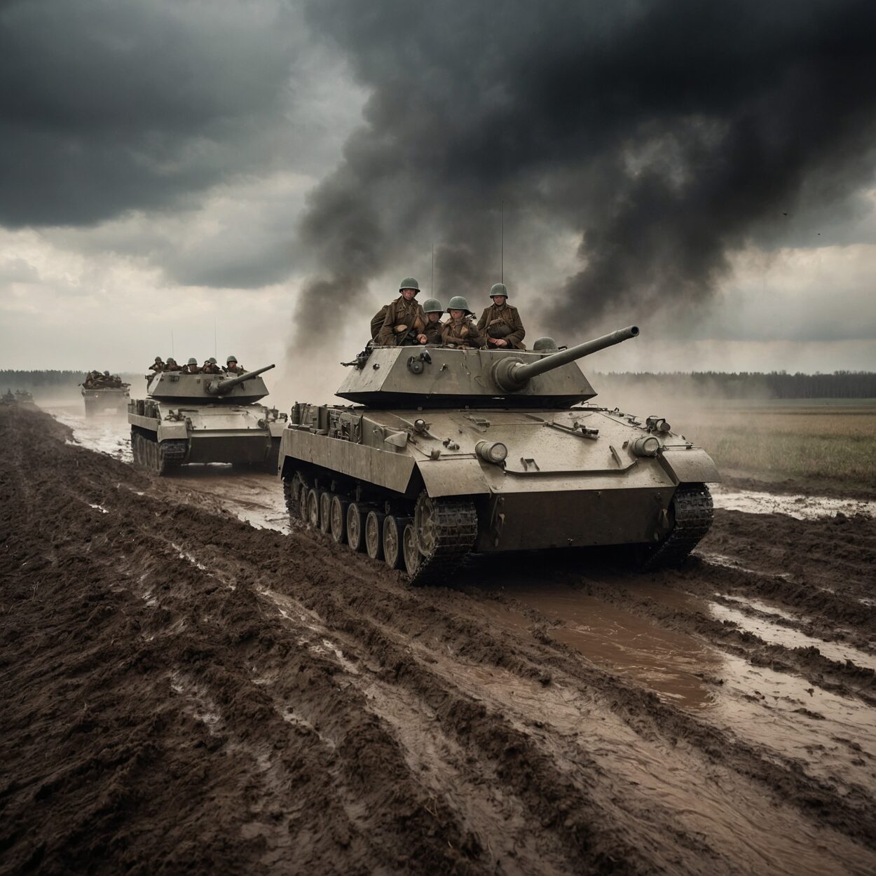 The Spring Campaign Griffin-class armored vehicles and infantry in early-1920s uniforms advance across a muddy field.