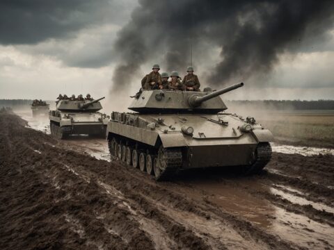 Griffin-class armored vehicles and infantry in early-1920s uniforms advance across a muddy field.