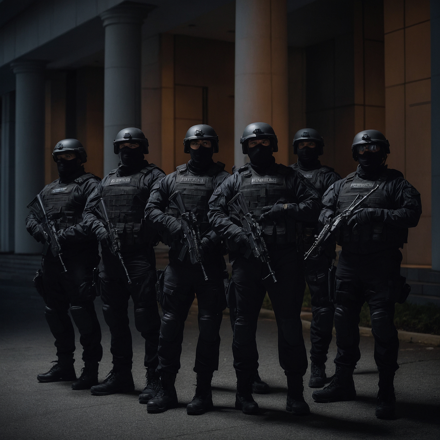 Group of Temnota agents in tactical gear outside a government building at dusk.