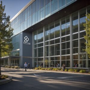 Photorealistic view of Softlogic's glass headquarters with employees at the entrance in daylight.