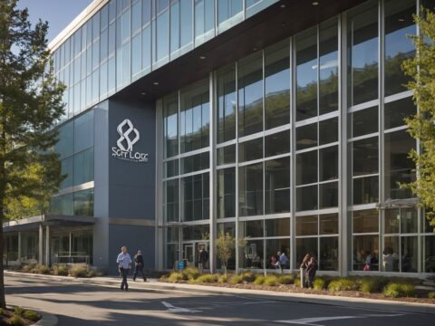 Photorealistic view of Softlogic's glass headquarters with employees at the entrance in daylight.