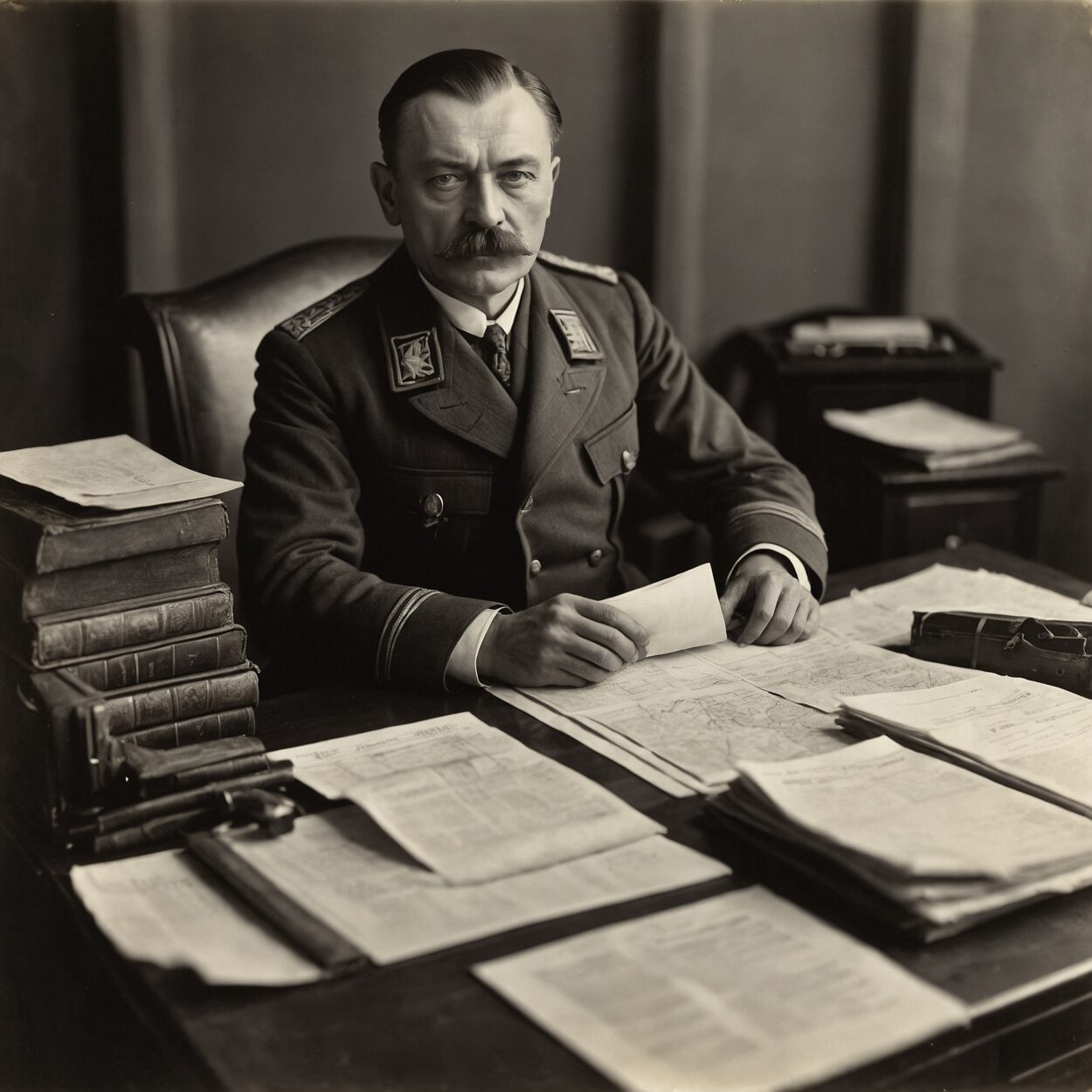 Black-and-white photo of Menzhinsky seated at a cluttered desk in 1918.