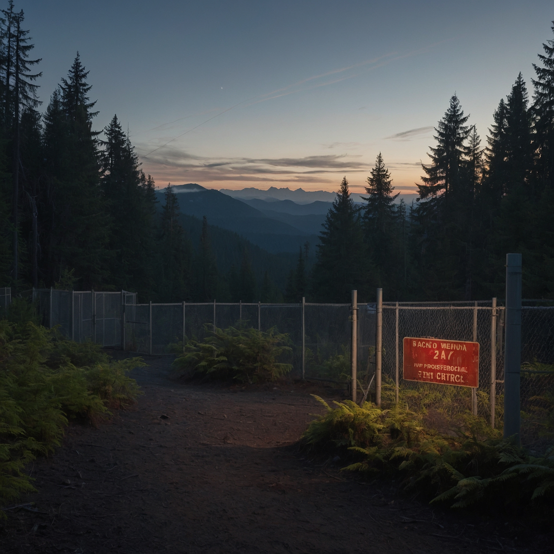 Fenced-off wooded area at dusk with warning signs and surveillance cameras.