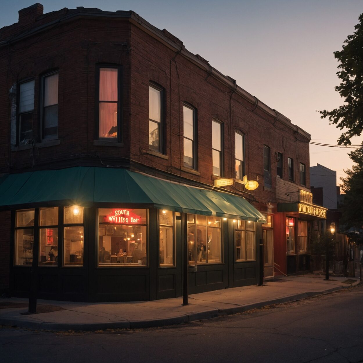 Wiffle Bar exterior at dusk with illuminated signage and patrons gathering outside.