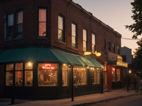 Wiffle Bar exterior at dusk with illuminated signage and patrons gathering outside.