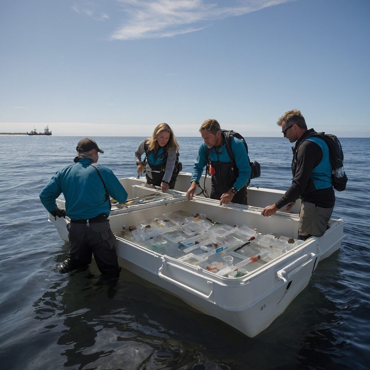Researchers in a small boat gather water samples and observe wildlife in a pristine marine reserve.