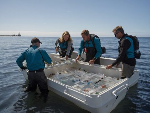 Researchers in a small boat gather water samples and observe wildlife in a pristine marine reserve.