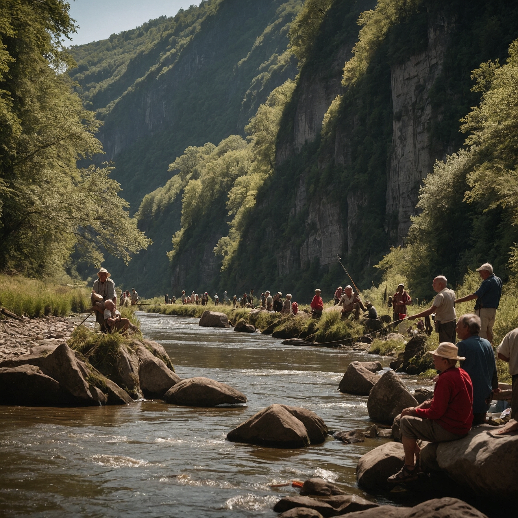 Local Corb&eacute;t residents fish and converse on the riverbank with steep gorge in background.