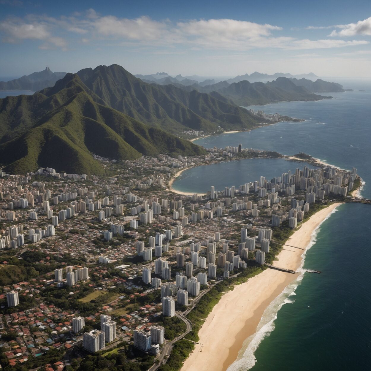 Aerial photograph showing Teodósio city, its skyline, harbor, and coastline with Ilha Grande visible.