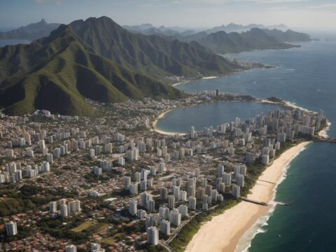 Aerial photograph showing Teodósio city, its skyline, harbor, and coastline with Ilha Grande visible.