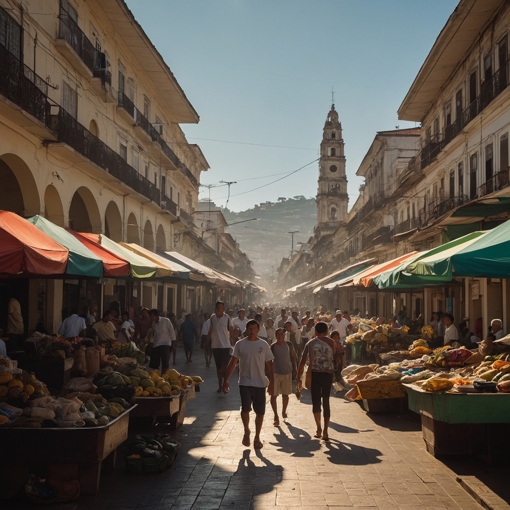 Citizens and vendors in Teod&oacute;sio's central plaza with iconic imperial buildings in daylight.