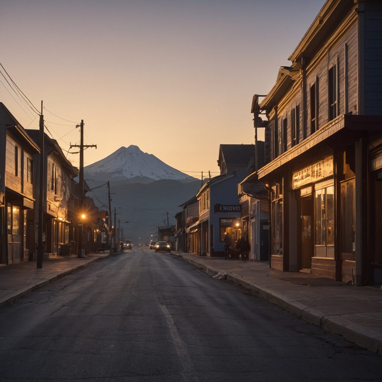 Early morning view of Corbét's main street with small-town buildings and distant mountains.
