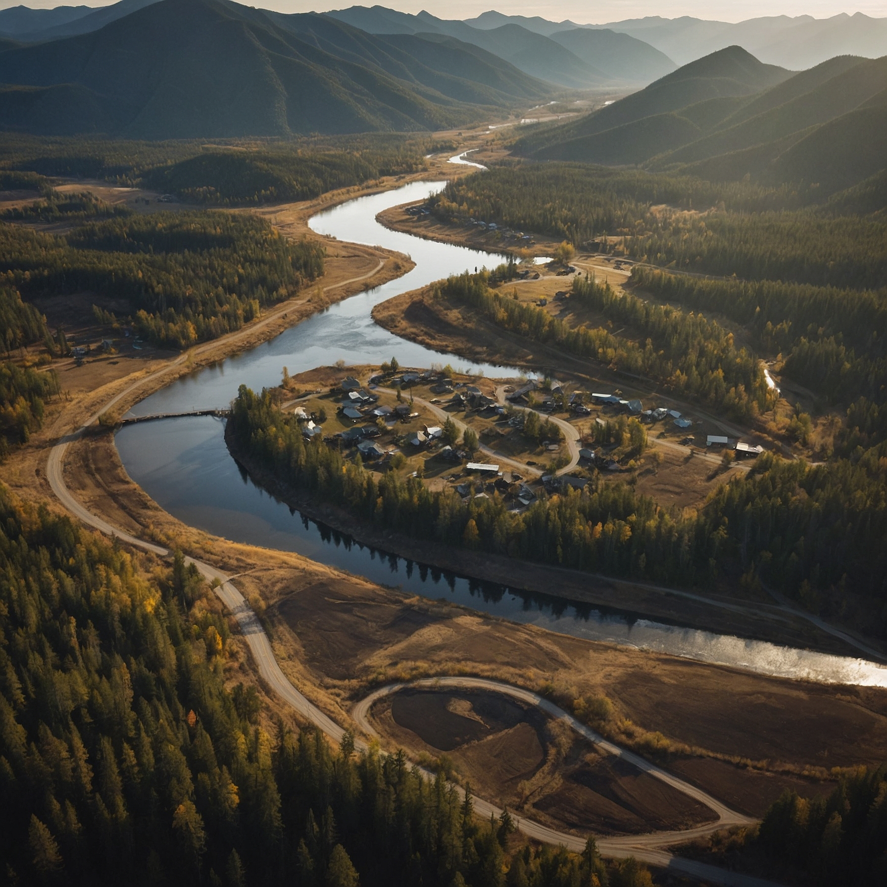 A helicopter view of a river winding through Spirit Mountain Chain foothills with a village nearby.