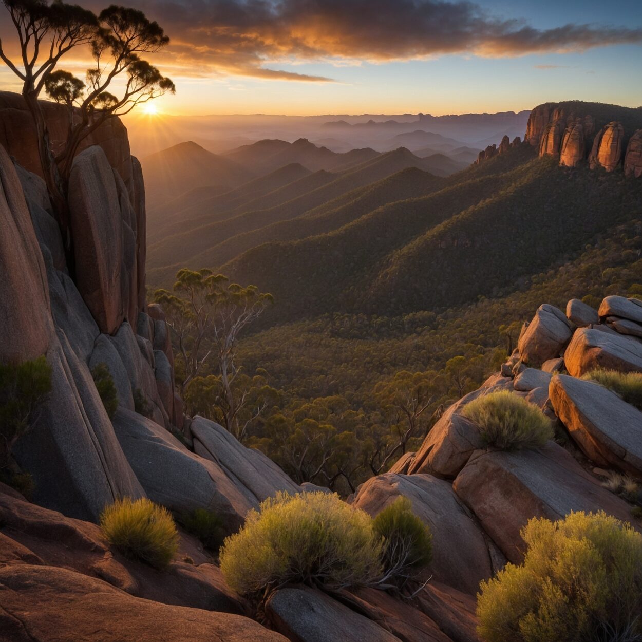 Wide-angle sunrise view of the Spirit Mountain Chain above eucalyptus forests and misty valleys.