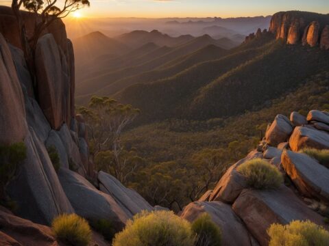 Spirit Mountain Chain Wide-angle sunrise view of the Spirit Mountain Chain above eucalyptus forests and misty valleys.