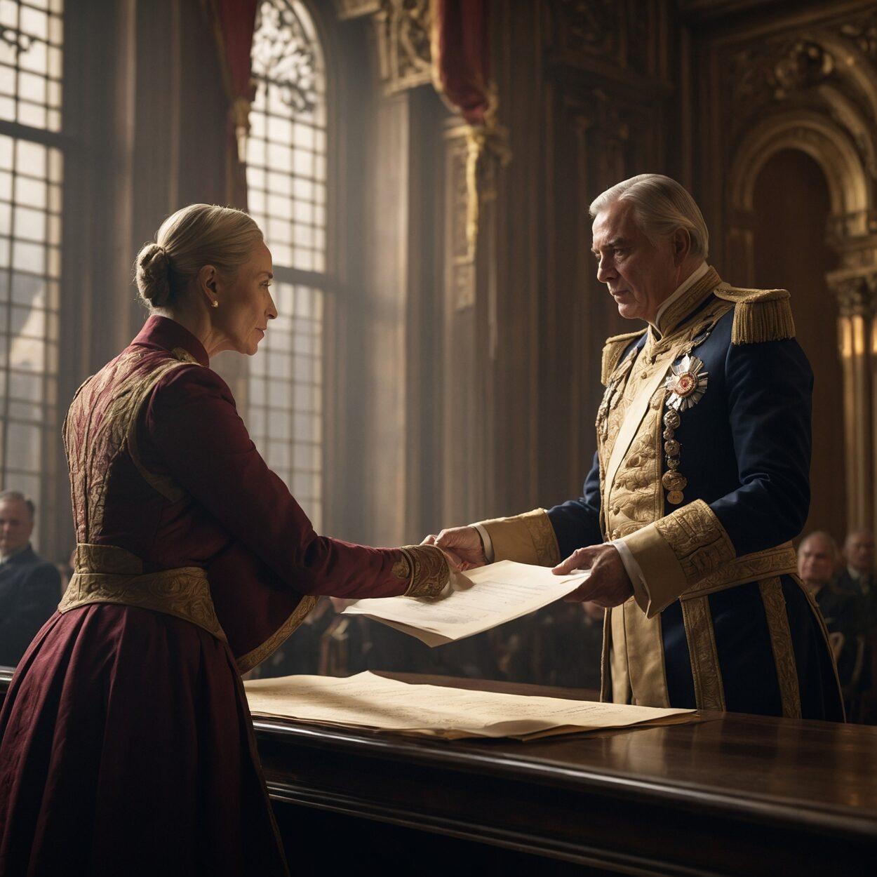 Defense Council Council advisor hands sealed document to Empress in ornate chamber with daylight.