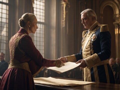 Council advisor hands sealed document to Empress in ornate chamber with daylight.