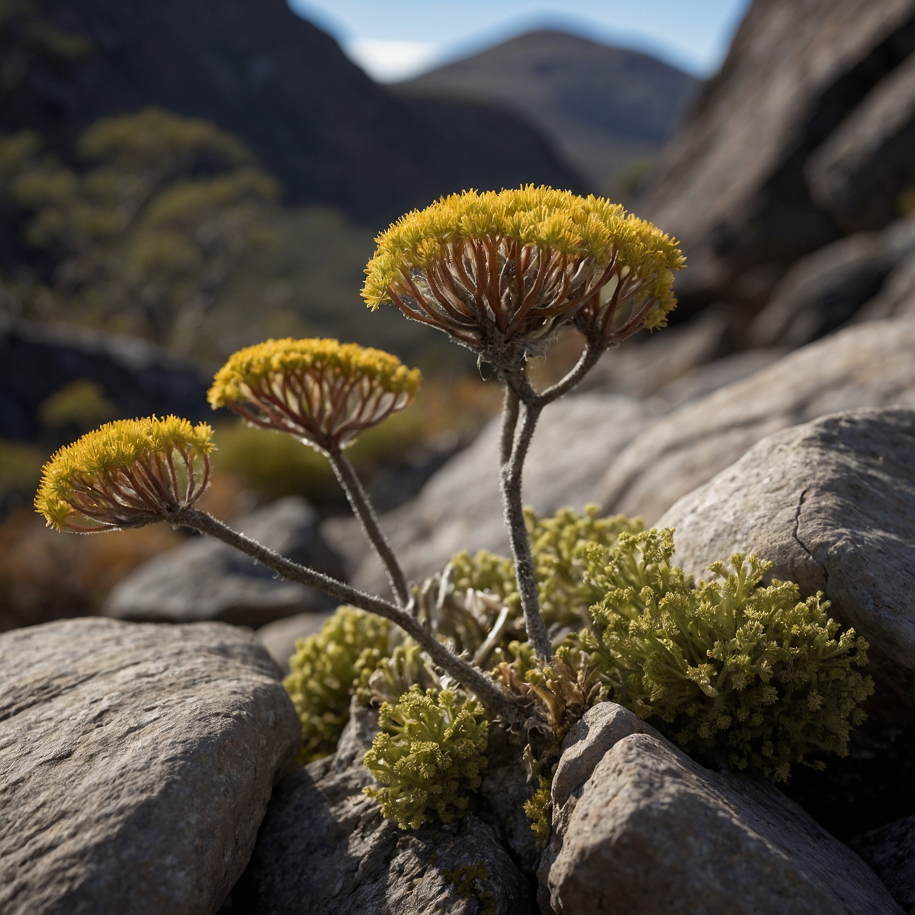 Close-up of a native plant growing among rocky slopes in the Spirit Mountain Chain.