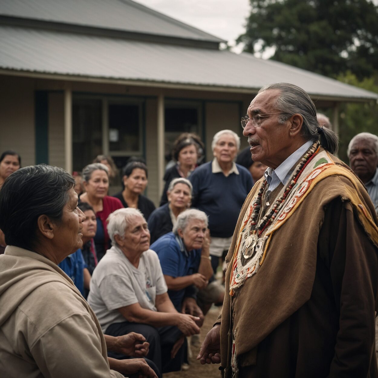 Chief from the Council of Chiefs speaking with townspeople during a public forum.