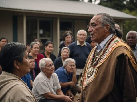 Chief from the Council of Chiefs speaking with townspeople during a public forum.