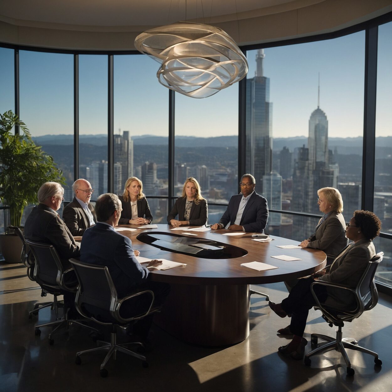 Diverse business professionals gathered around a conference table with documents and digital projections.