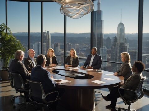 Conglomeration Diverse business professionals gathered around a conference table with documents and digital projections.