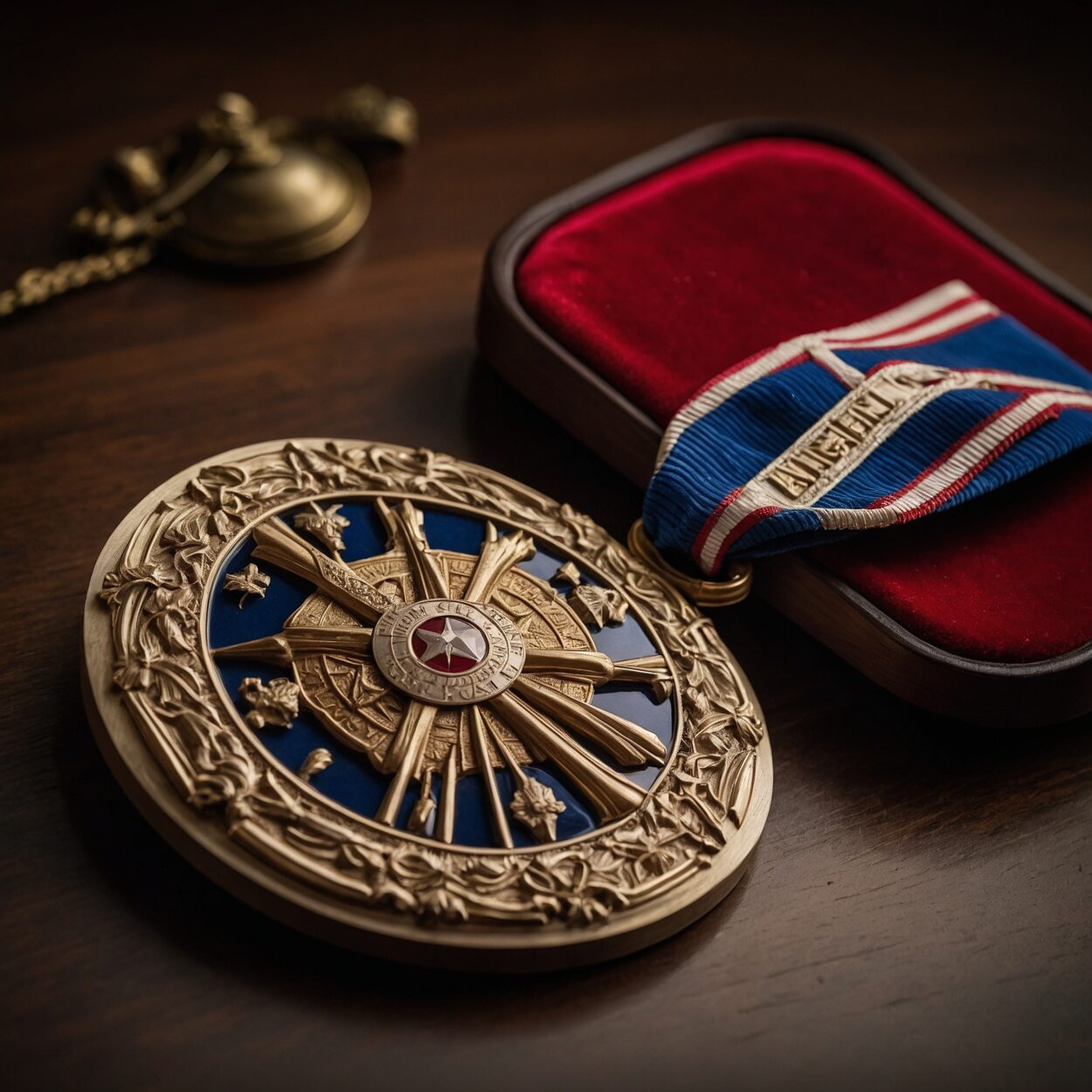 Order of the Empire medal in a velvet case on a polished wooden table.