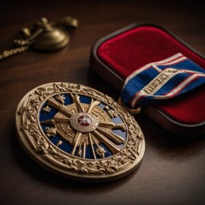 Order of the Empire medal in a velvet case on a polished wooden table.