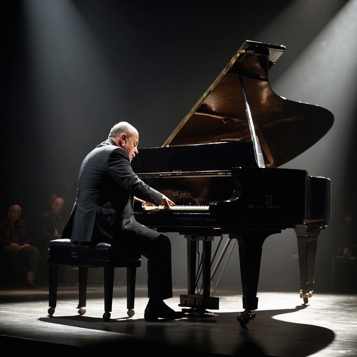 Billy Joel sits at a grand piano on a dimly lit stage, spotlighted.
