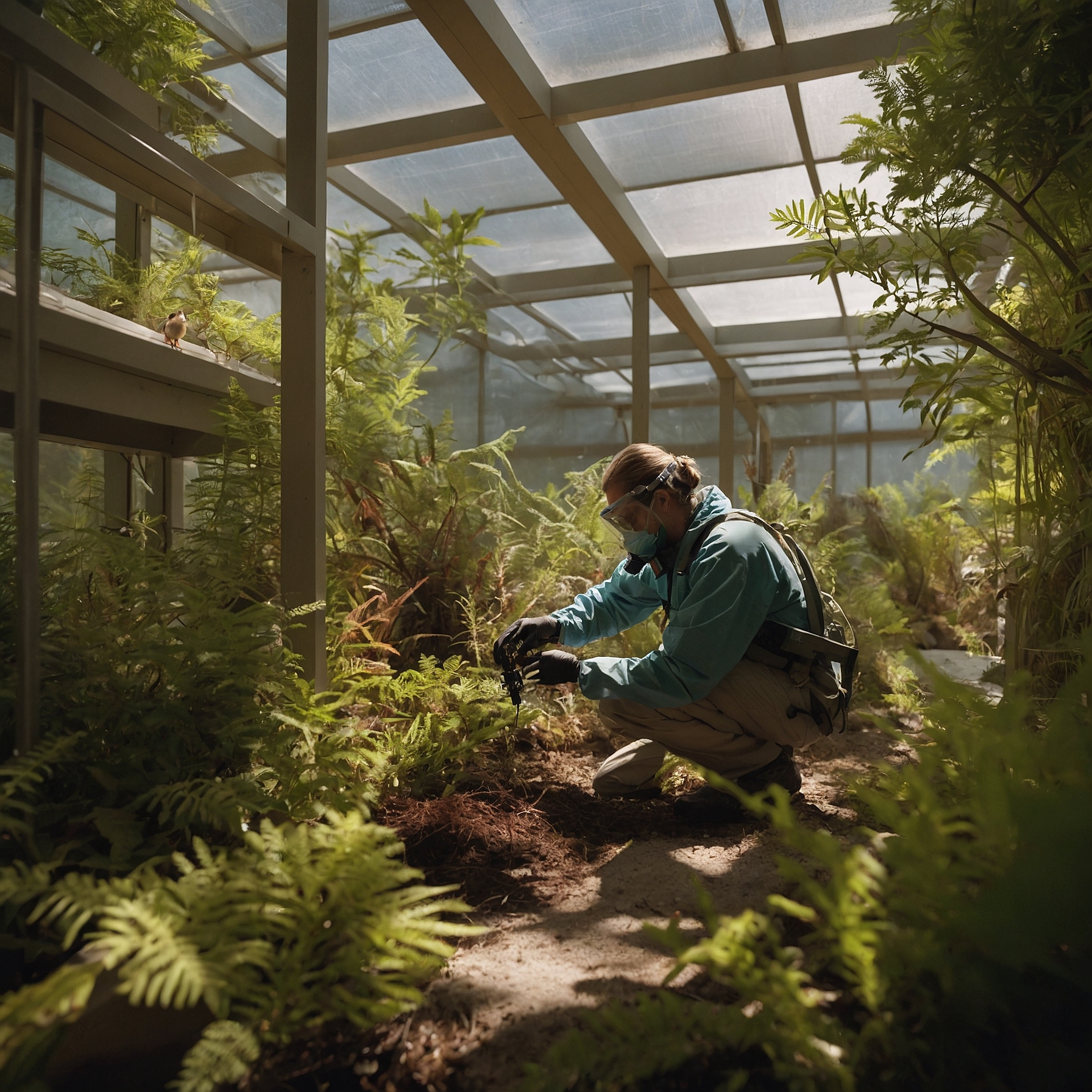 Biologist in protective gear tending to vibrant plants and wildlife in a controlled habitat.