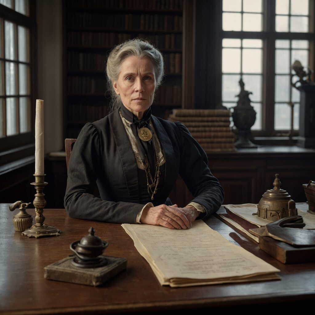Madama Chalice Goldsmith in formal 1890s attire at her official office desk.