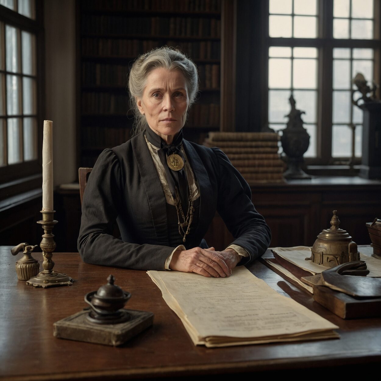 Madama Chalice Goldsmith in formal 1890s attire at her official office desk.